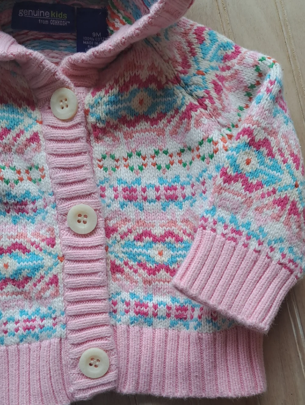 Genuine Kids OshKosh Fair Isle Hooded Chunky Knit Cotton Cardigan Sweater 9M